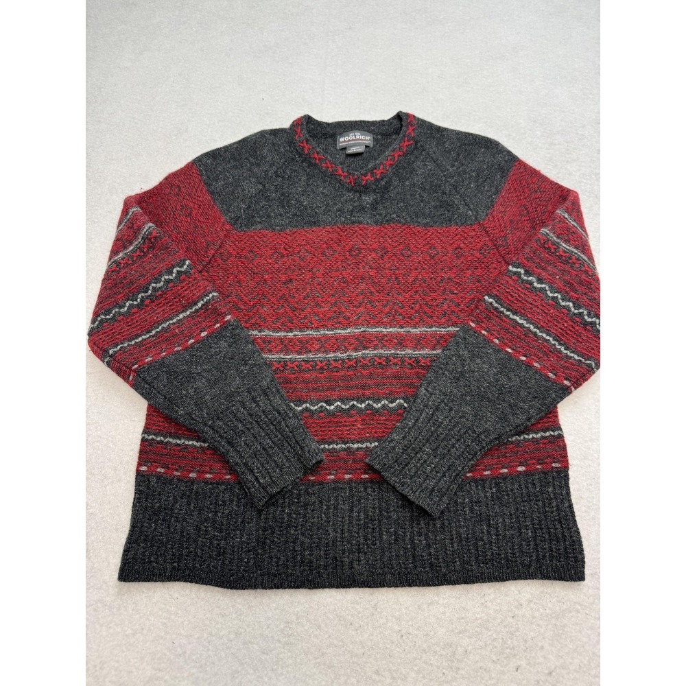 Woolrich Sweater Womens Large Gray Red 100% Wool Fair Isle Crewneck Raglan Knit